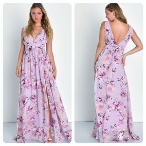 Lulu's Garden Meandering Lavender Floral Print Maxi Dress S